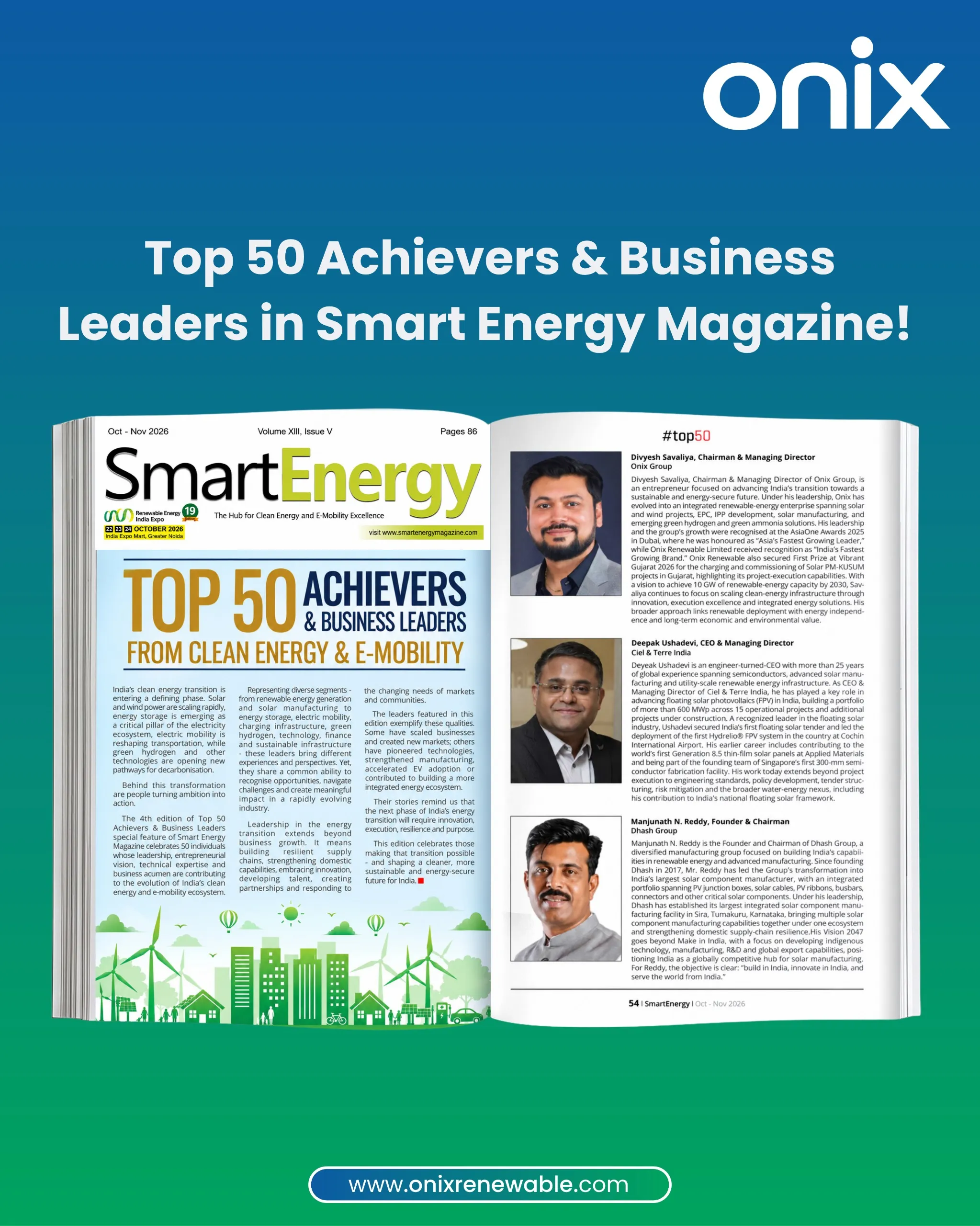 Onix Group Chairman Divyesh Savaliya Recognized Among Top 50 Achievers & Business Leaders in Smart Energy Magazine